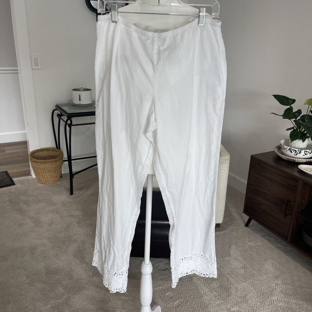 St Tropez Women Size L White Pants Swim Cover Up Lounge Cotton Crochet Hem Beach